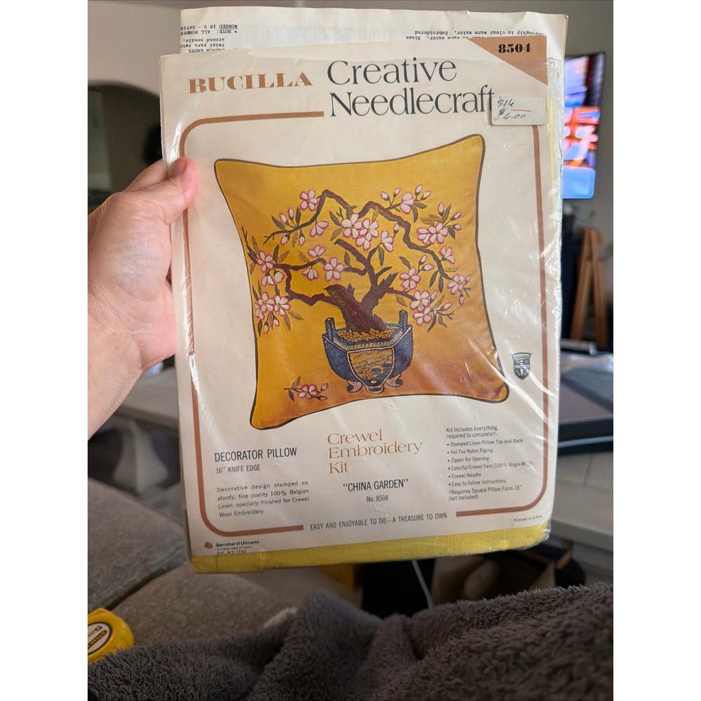 Vintage Bucilla China Garden Crewel Embroidery Pillow Kit 8504 Bonsai Tree Linen